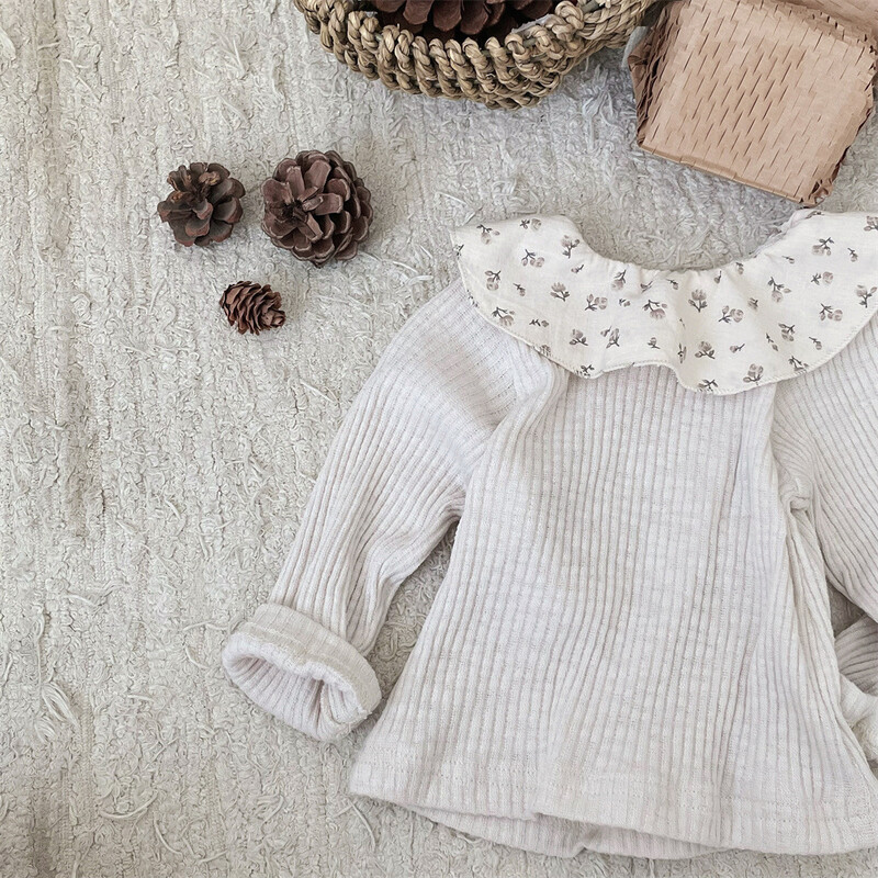 2025 Φθινόπωρο καινούργιο μακρυμάνικο πουκάμισο για βρέφος κοριτσάκι με λουλουδάτο γιακά μπλούζα νήπιο βαμβακερό μπλουζάκι μωρό με πάτο παιδικά ρούχα