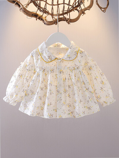 Salds, mazuļu meiteņu krekls ar ziediem pavasara vasaras volāniem ar garām piedurknēm meiteņu blūze Toddler korejiešu stila topi