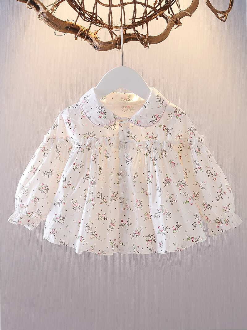 Salds, mazuļu meiteņu krekls ar ziediem pavasara vasaras volāniem ar garām piedurknēm meiteņu blūze Toddler korejiešu stila topi