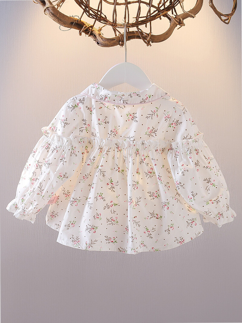 Salds, mazuļu meiteņu krekls ar ziediem pavasara vasaras volāniem ar garām piedurknēm meiteņu blūze Toddler korejiešu stila topi