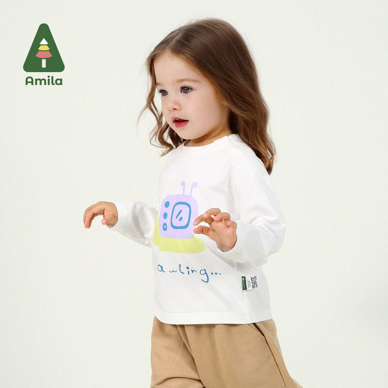 Βρεφικό μπλουζάκι Amila 2025 Άνοιξη Νέο μονόχρωμο βαμβακερό χαριτωμένο σαλιγκάρι μοτίβο κινουμένων σχεδίων Φρέσκο αναπνεύσιμο απαλό καθημερινό παιδικό μπλουζάκι