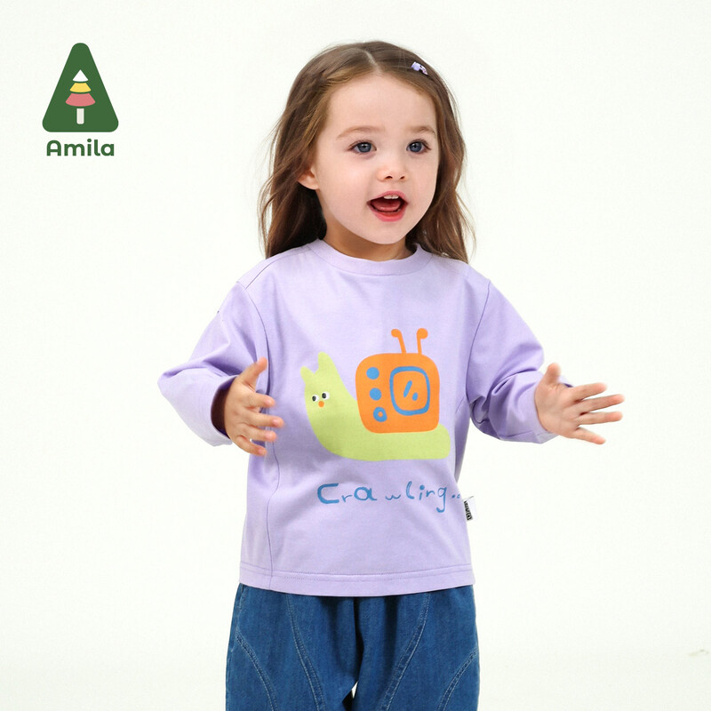 Βρεφικό μπλουζάκι Amila 2025 Άνοιξη Νέο μονόχρωμο βαμβακερό χαριτωμένο σαλιγκάρι μοτίβο κινουμένων σχεδίων Φρέσκο αναπνεύσιμο απαλό καθημερινό παιδικό μπλουζάκι