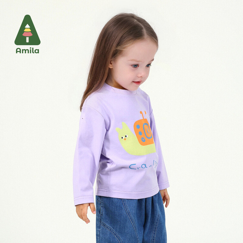 Βρεφικό μπλουζάκι Amila 2025 Άνοιξη Νέο μονόχρωμο βαμβακερό χαριτωμένο σαλιγκάρι μοτίβο κινουμένων σχεδίων Φρέσκο αναπνεύσιμο απαλό καθημερινό παιδικό μπλουζάκι