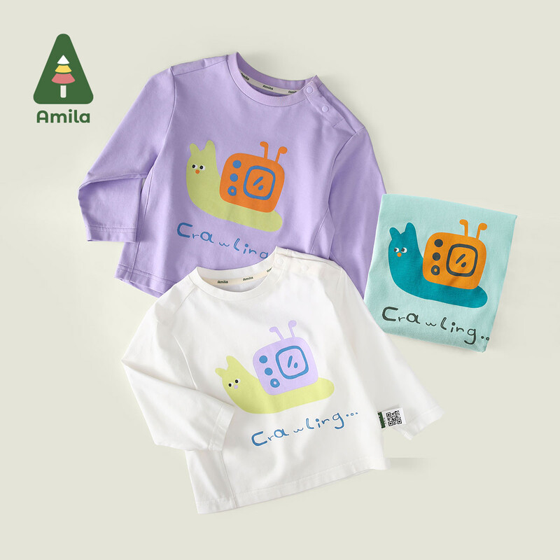 Βρεφικό μπλουζάκι Amila 2025 Άνοιξη Νέο μονόχρωμο βαμβακερό χαριτωμένο σαλιγκάρι μοτίβο κινουμένων σχεδίων Φρέσκο αναπνεύσιμο απαλό καθημερινό παιδικό μπλουζάκι