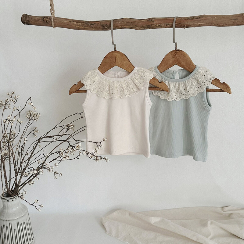 MILANCEL babaruhák, 2024-es babapóló, csipkegallér, ujjatlan baba felsők tömör póló babaruházat