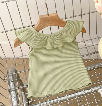 Καλοκαίρι 2024 Νέο Baby Tank Top για κορίτσια με ζαχαρωτό χρώμα Γλυκό γιακά με φύλλα Lotus Μπλουζάκια για νήπια