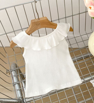 Καλοκαίρι 2024 Νέο Baby Tank Top για κορίτσια με ζαχαρωτό χρώμα Γλυκό γιακά με φύλλα Lotus Μπλουζάκια για νήπια