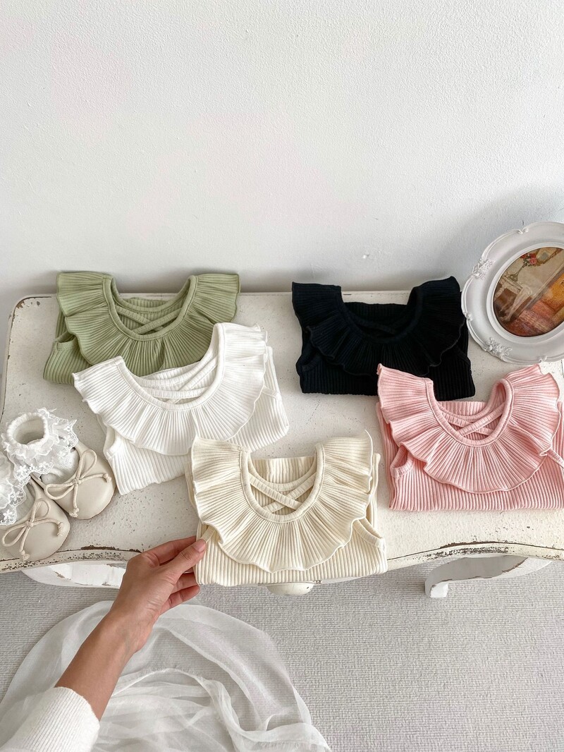 Καλοκαίρι 2024 Νέο Baby Tank Top για κορίτσια με ζαχαρωτό χρώμα Γλυκό γιακά με φύλλα Lotus Μπλουζάκια για νήπια