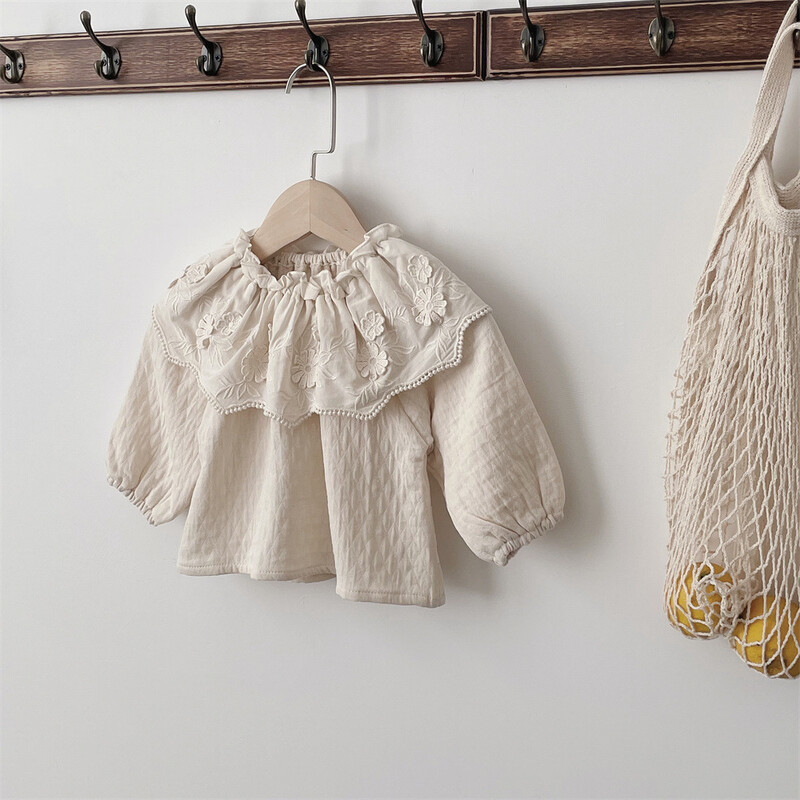 AYNIGIELL pavasara un rudens stila zīdaiņu mežģīņu apkakles augšdaļa, gudrs mazuļu T-krekls ar garām piedurknēm, 0-3 gadus vecas meitenes pamatkrekls