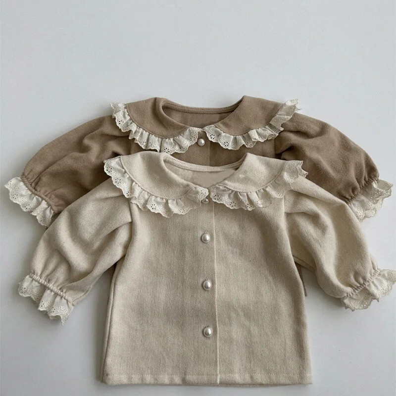 Stilīgs bērnu krekls ar garām piedurknēm Top Jauna pavasara kolekcija Mežģīņu apgriešanas sieviešu jaka krekls bērniem Moderna šļūtene