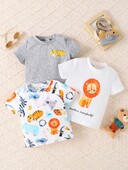 3 daļīgs vasaras jauns, gudrs ikdienas, ērts, elpojošs mazulis, jauks dzīvnieku apdruka, apaļa apkakle ar īsām piedurknēm.