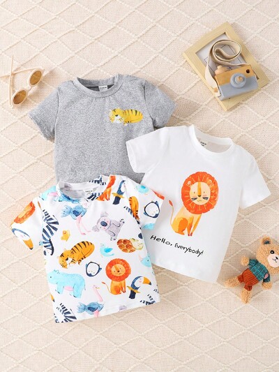 3 daļīgs vasaras jauns, gudrs ikdienas, ērts, elpojošs mazulis, jauks dzīvnieku apdruka, apaļa apkakle ar īsām piedurknēm.