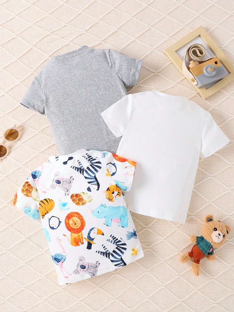 3 daļīgs vasaras jauns, gudrs ikdienas, ērts, elpojošs mazulis, jauks dzīvnieku apdruka, apaļa apkakle ar īsām piedurknēm.