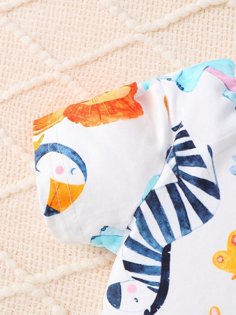 3 daļīgs vasaras jauns, gudrs ikdienas, ērts, elpojošs mazulis, jauks dzīvnieku apdruka, apaļa apkakle ar īsām piedurknēm.