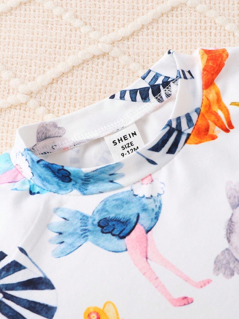 3 daļīgs vasaras jauns, gudrs ikdienas, ērts, elpojošs mazulis, jauks dzīvnieku apdruka, apaļa apkakle ar īsām piedurknēm.