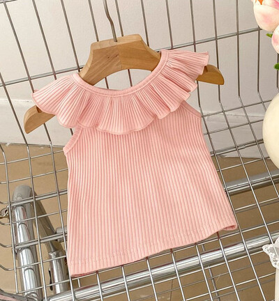 2024. gada vasara, jaunas meiteņu konfekšu krāsas Sweet Baby Tank Top Lotus Leaf Collar Veste Toddler Outweet Tops