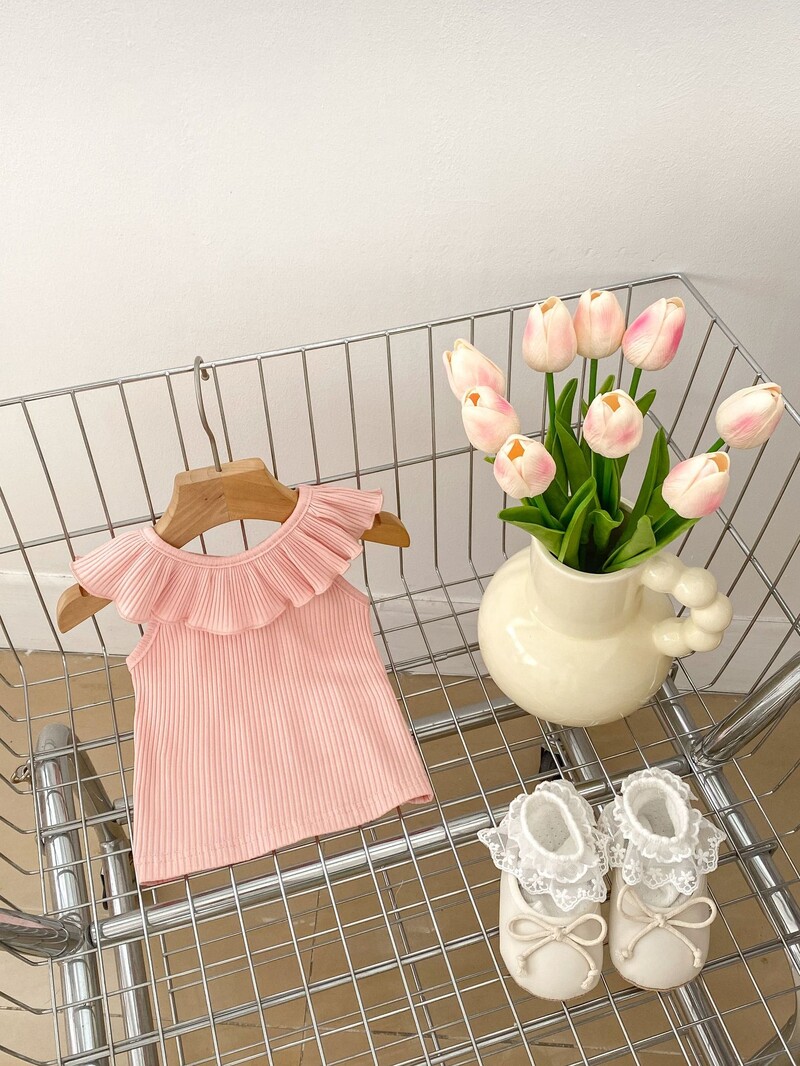 2024. gada vasara, jaunas meiteņu konfekšu krāsas Sweet Baby Tank Top Lotus Leaf Collar Veste Toddler Outweet Tops