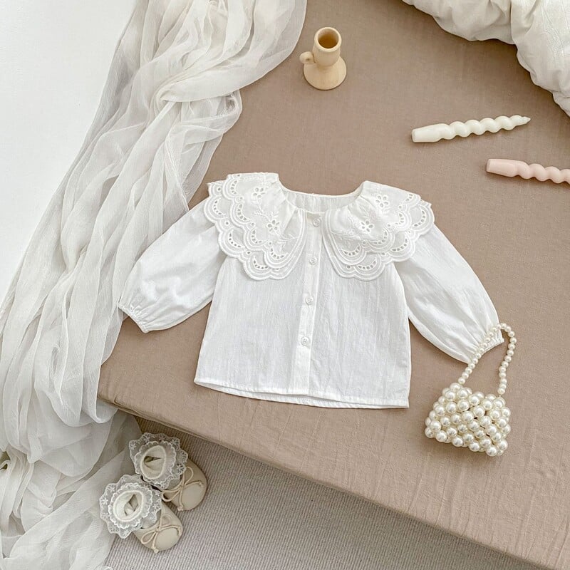 Jauns pavasara zīdaiņu jaundzimušo meiteņu krekls 0-3 gadiem, vienkrāsains divslāņu mežģīņu krekls ar nolaižamu apkakli.