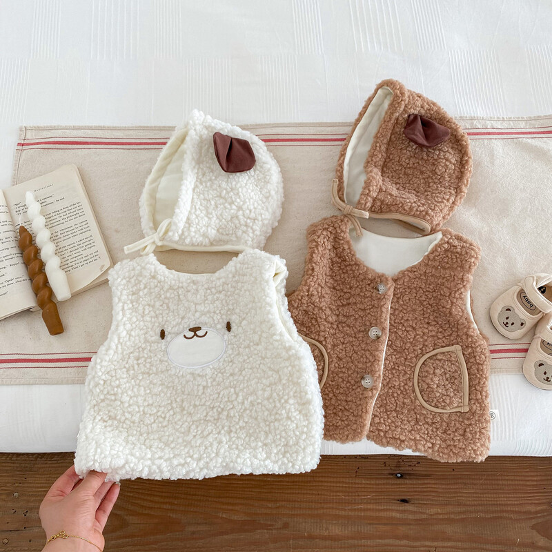 Ins koreai stílusú őszi és téli új meleg baba mellény Kardigán bárány gyapjú mellény Rajzfilm medvekabát kalappal