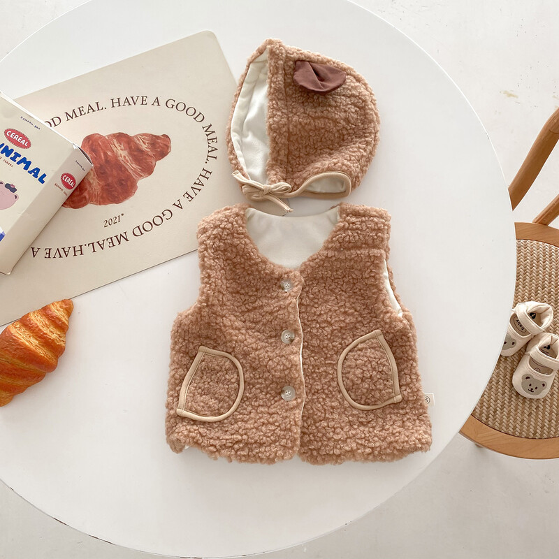 Ins koreai stílusú őszi és téli új meleg baba mellény Kardigán bárány gyapjú mellény Rajzfilm medvekabát kalappal