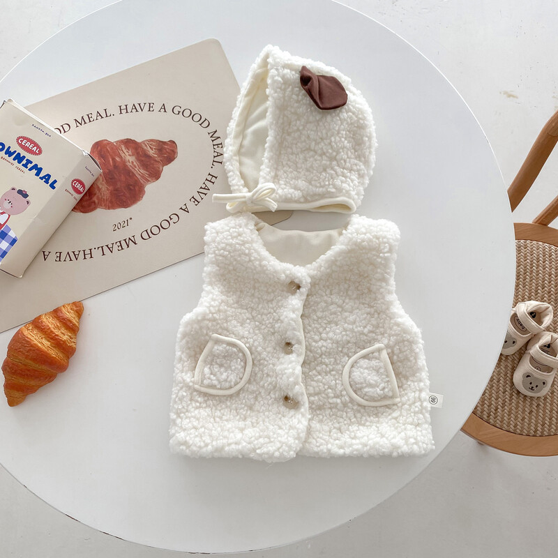 Ins koreai stílusú őszi és téli új meleg baba mellény Kardigán bárány gyapjú mellény Rajzfilm medvekabát kalappal