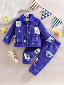 Fiúk tél 2db Rajzfilm mintás babaruha flanel pizsama gombos elülső felső és nadrág szett termo kényelmes alkalmi PJ