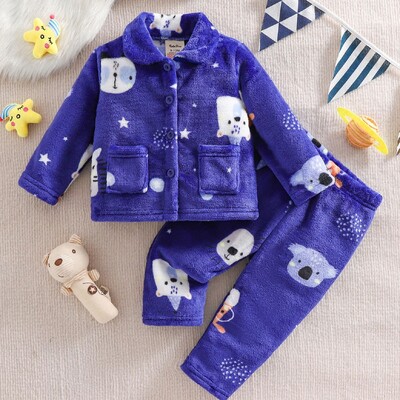 Fiúk tél 2db Rajzfilm mintás babaruha flanel pizsama gombos elülső felső és nadrág szett termo kényelmes alkalmi PJ