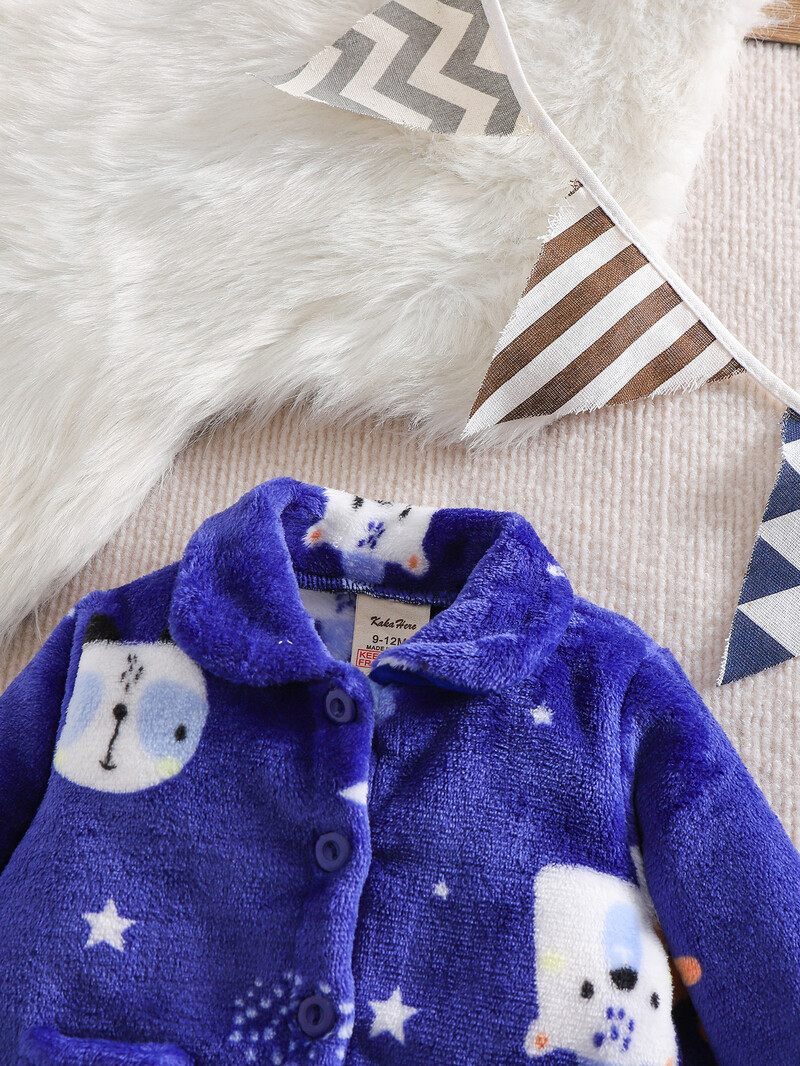 Fiúk tél 2db Rajzfilm mintás babaruha flanel pizsama gombos elülső felső és nadrág szett termo kényelmes alkalmi PJ