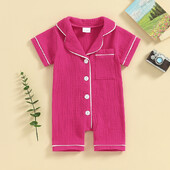 0-24 hónapos baba fiú lányok pizsama egyszínű, rövid ujjú hajtókás gallér, gombos hálóruha, újszülött nadrág