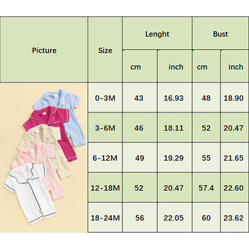 0-24 месеца Пижама за бебета, момчета, момичета, едноцветни пижами с къс ръкав и яка с ревери, спално облекло за новородени