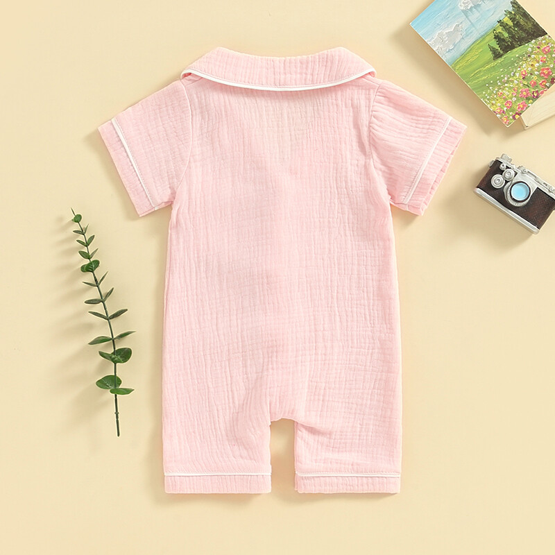 0-24 hónapos baba fiú lányok pizsama egyszínű, rövid ujjú hajtókás gallér, gombos hálóruha, újszülött nadrág