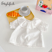 Bērnu T-krekls, Jauna vasaras tendence zēniem un meitenēm, daudzpusīgs krekls ar volānu apkakli īsām piedurknēm, balts daudzpusīgs stils