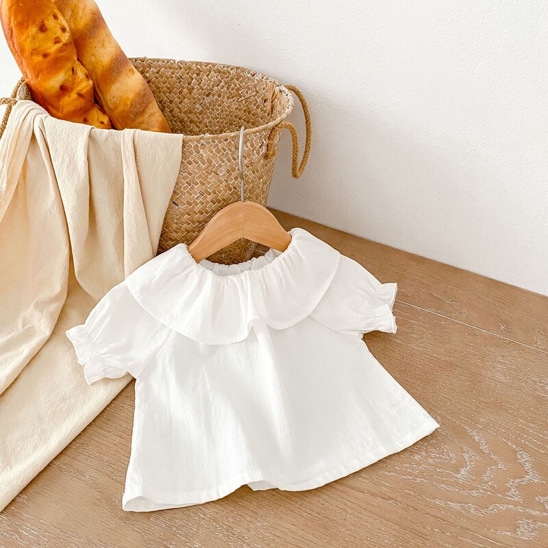 Bērnu T-krekls, Jauna vasaras tendence zēniem un meitenēm, daudzpusīgs krekls ar volānu apkakli īsām piedurknēm, balts daudzpusīgs stils
