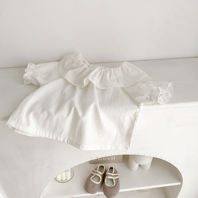 Bērnu T-krekls, Jauna vasaras tendence zēniem un meitenēm, daudzpusīgs krekls ar volānu apkakli īsām piedurknēm, balts daudzpusīgs stils