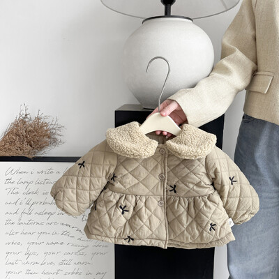 2025. gada ziemas jauns, silts, silts, flīsa, zīdaiņu mētelis, zīdaiņu polsterēta jaka, kā arī samta bieza bantīšu izšūšana ar atloku jaka