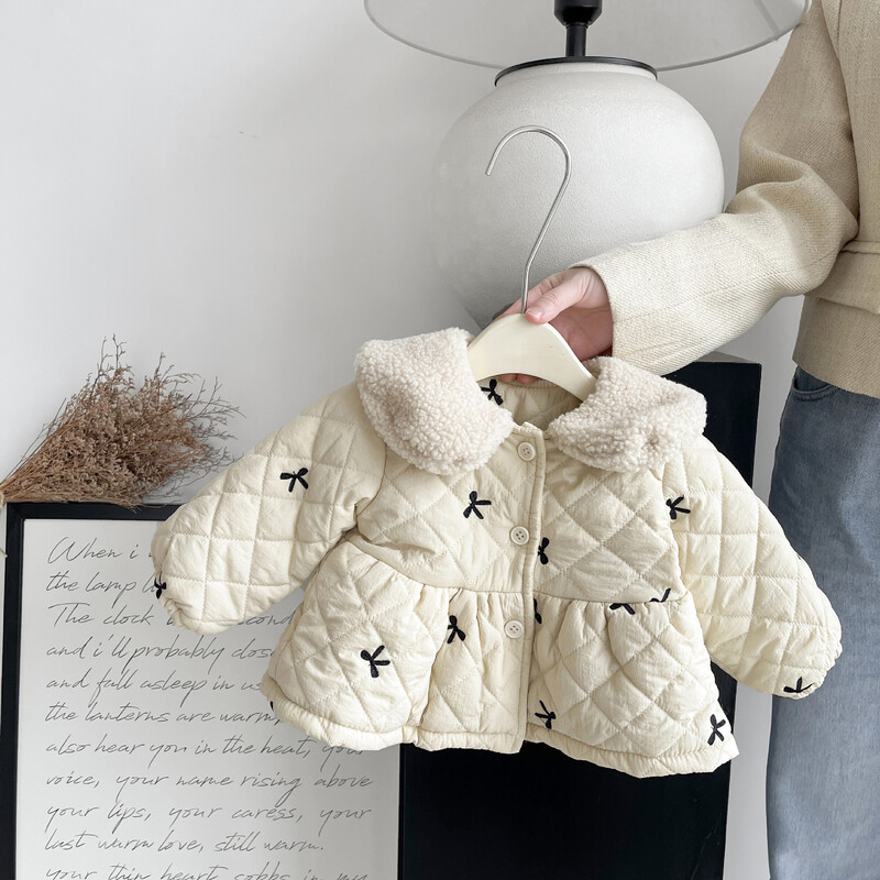 2025. gada ziemas jauns, silts, silts, flīsa, zīdaiņu mētelis, zīdaiņu polsterēta jaka, kā arī samta bieza bantīšu izšūšana ar atloku jaka