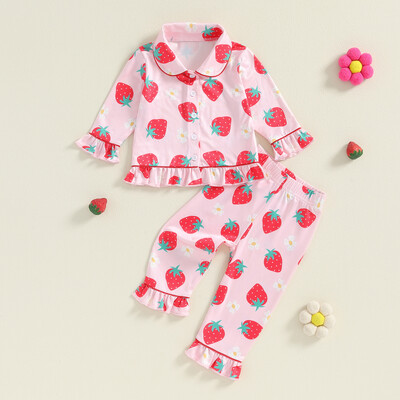Παιδικές πυτζάμες για κοριτσάκια με στάμπα φράουλα Νυχτερινά φορέματα μακρυμάνικα βολάν μπλούζες με ελαστικό παντελόνι μέσης Πυτζάμες Σαλόνια