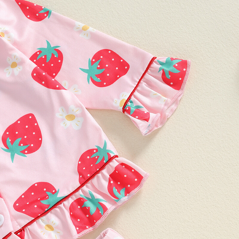 Παιδικές πυτζάμες για κοριτσάκια με στάμπα φράουλα Νυχτερινά φορέματα μακρυμάνικα βολάν μπλούζες με ελαστικό παντελόνι μέσης Πυτζάμες Σαλόνια