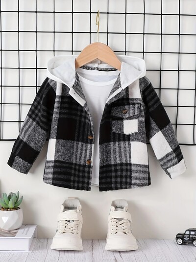 Rudens un ziemas angļu stila zēnu rūtainā jaka āra ikdienas modes ārzemju silts jauns kabatas mētelis ar kapuci