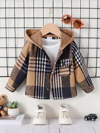 Rudens un ziemas angļu stila zēnu rūtainā jaka āra ikdienas modes ārzemju silts jauns kabatas mētelis ar kapuci