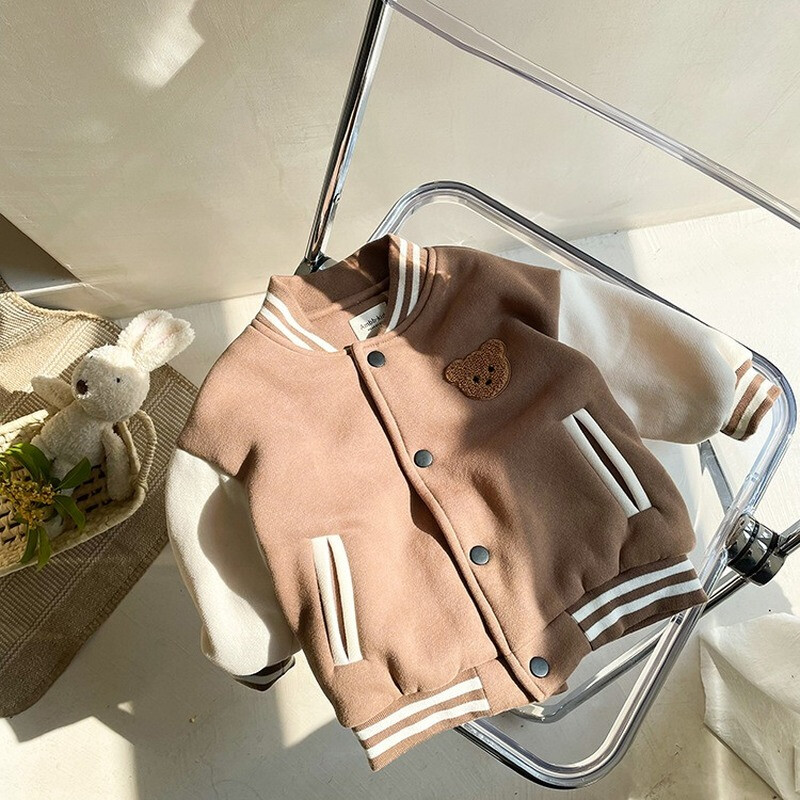 Bērnu jaka pavasara un rudens zēnu un meiteņu jaka beisbola formas tērps jauks mazs lācis, izšuvums, ikdienas bērnu apģērbs