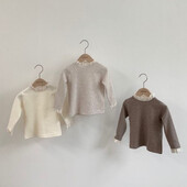 Rudens ziemas volāni mežģīņu apkakles krekls meiteņu drēbēm silts kokvilnas trikotāžas bērnu krekls ar garām piedurknēm mazuļu blūze topi bērnam