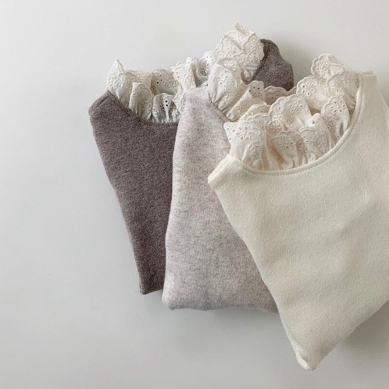 Rudens ziemas volāni mežģīņu apkakles krekls meiteņu drēbēm silts kokvilnas trikotāžas bērnu krekls ar garām piedurknēm mazuļu blūze topi bērnam