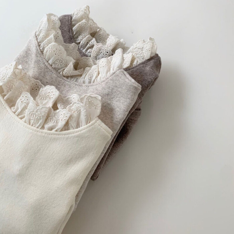 Rudens ziemas volāni mežģīņu apkakles krekls meiteņu drēbēm silts kokvilnas trikotāžas bērnu krekls ar garām piedurknēm mazuļu blūze topi bērnam