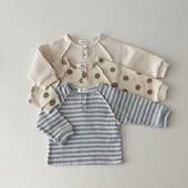 2024. gada jauns rudens kokvilnas zīdaiņu t-krekli ar garām piedurknēm bērniem, vafeļu t-krekli.