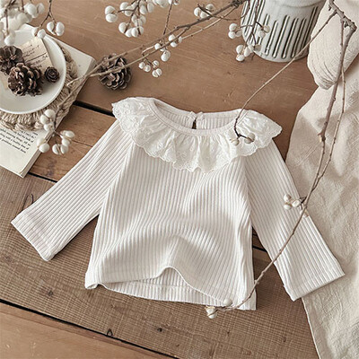 2025. gada jaunais pavasaris, korejiešu stila jaundzimušo meiteņu T-krekls ar garām piedurknēm kokvilnas mežģīņu krekls zīdaiņu džemperīši