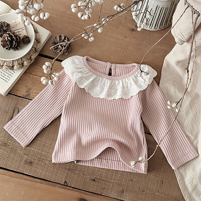 2025. gada jaunais pavasaris, korejiešu stila jaundzimušo meiteņu T-krekls ar garām piedurknēm kokvilnas mežģīņu krekls zīdaiņu džemperīši