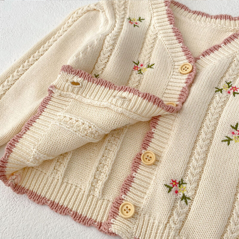 Új őszi babaruha, sokoldalú pamut fonal, 0-3 éves kislány baba kis virágos hímzett hosszú ujjú kötött kabát