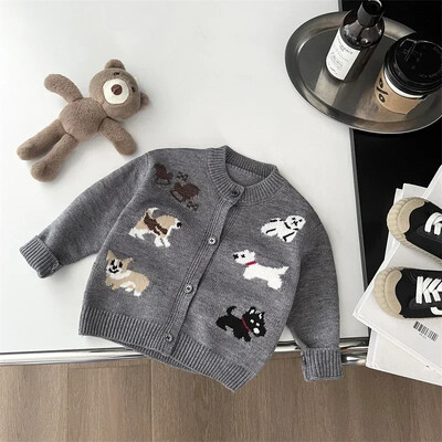 Παιδικά πουλόβερ με στρογγυλή λαιμόκοψη Φθινοπωρινά νέα μοτίβα για σκύλους Βρεφικά ρούχα Ιαπωνικά και κορεάτικα γκρι πλεκτά πουλόβερ Χαριτωμένη τοπ ζακέτα