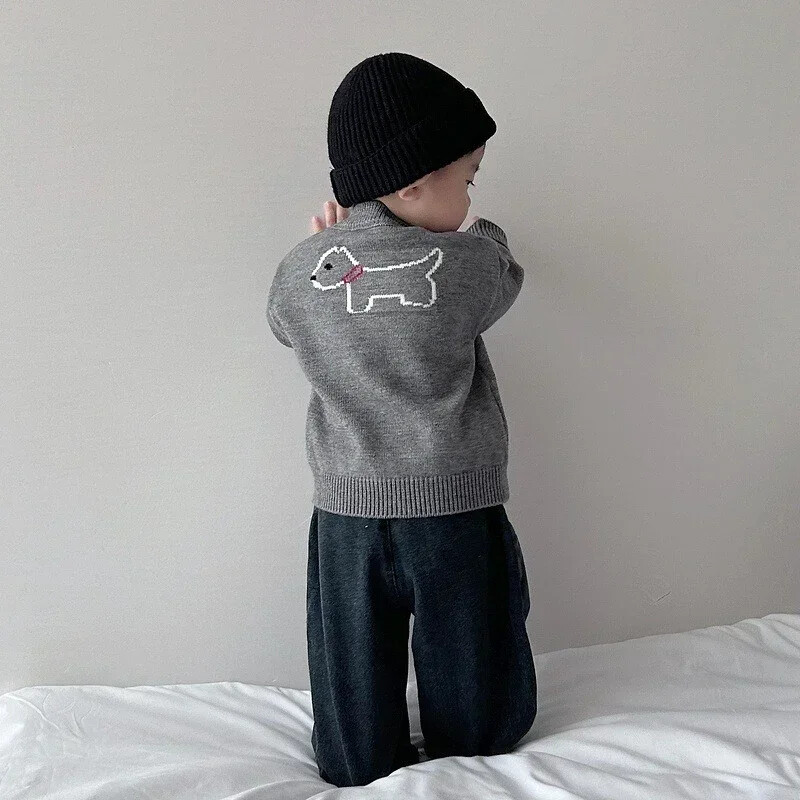 Παιδικά πουλόβερ με στρογγυλή λαιμόκοψη Φθινοπωρινά νέα μοτίβα για σκύλους Βρεφικά ρούχα Ιαπωνικά και κορεάτικα γκρι πλεκτά πουλόβερ Χαριτωμένη τοπ ζακέτα